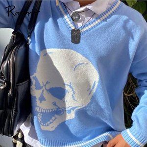 Skulls Pullover V Neck Knitted Sweater